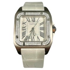 Cartier Santos 100 Ref. 2881 in 18k White Gold Leather Bracelet Diamond Bezel