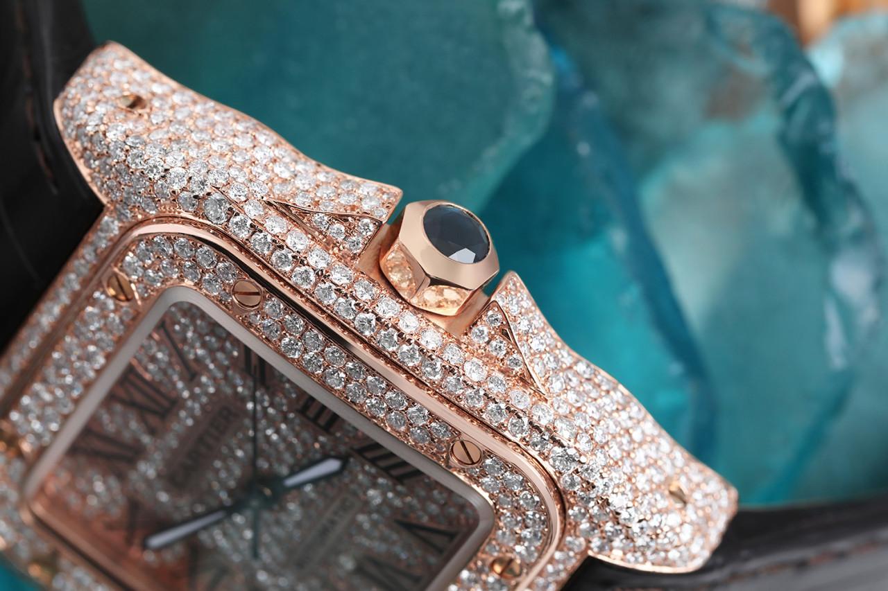 Cartier Santos 100 Rose Gold 33mm Custom Diamond Watch Brown Leather Strap #2879

This watch comes with a LIFETIME diamond replacement warranty. We are so confident in our diamonds setters that if any of the individual diamonds are ever to fall out