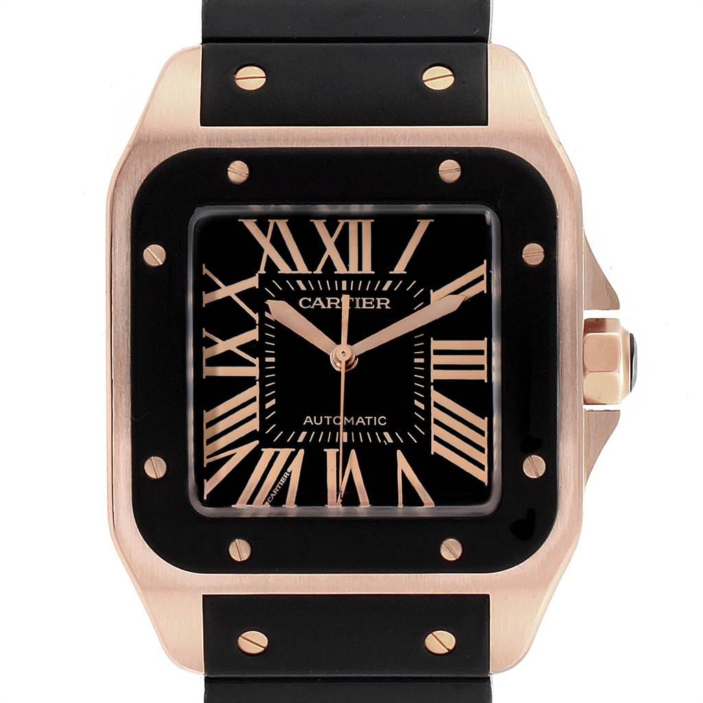 Cartier Santos 100 Rose Gold Black Dial Mens Watch W20124U2 Box Papers. Automatic self-winding movement. 18K rose gold case 38.0 x 38.0mm. Octagonal crown set with the black rubber. 18K rose gold bezel punctuated with 8 signature screws and covered