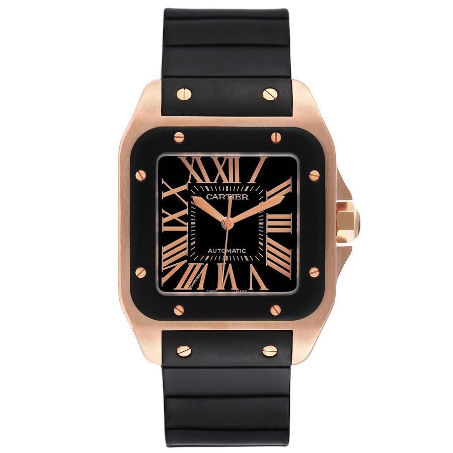 Cartier Santos 100 Rose Gold Black Dial Mens Watch W20124U2 Box Papers. Automatic self-winding movement. 18K rose gold case 38.0 x 38.0mm.  Octagonal crown set with the black rubber. Black rubberized bezel punctuated with 8 signature 18k rose gold