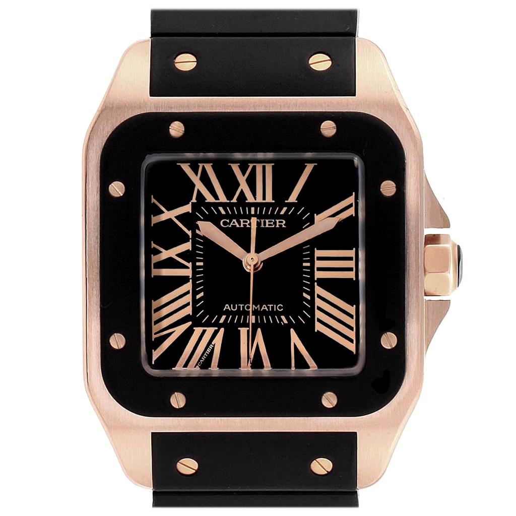 Cartier Santos 100 Rose Gold Black Dial Men's Watch W20124U2 Box Papers For Sale