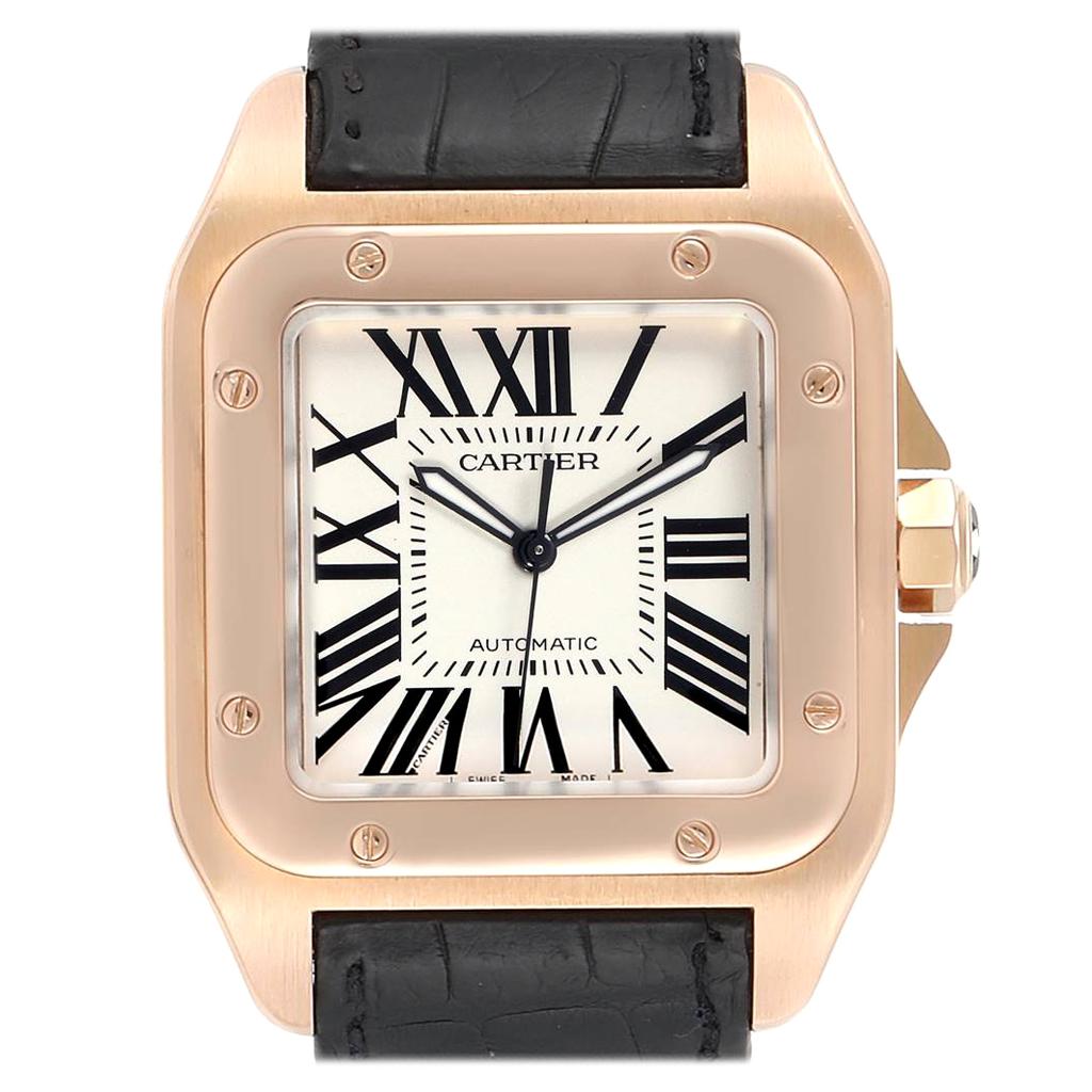 Cartier Santos 100 Rose Gold Silver Dial Men's Watch W20095Y1 For Sale