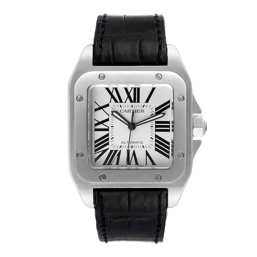 Cartier Santos 100 Silver Dial Black Strap Steel Mens Watch W20073X8 Box Papers. Automatic self-winding movement caliber 049. Stainless steel case 38.0 x 38.0 mm. Protected octagonal crown set with the faceted spinel. Stainless steel bezel