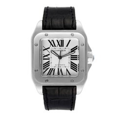 Cartier Santos 100 Silver Dial Black Strap Steel Mens Watch W20073X8 Box Papers