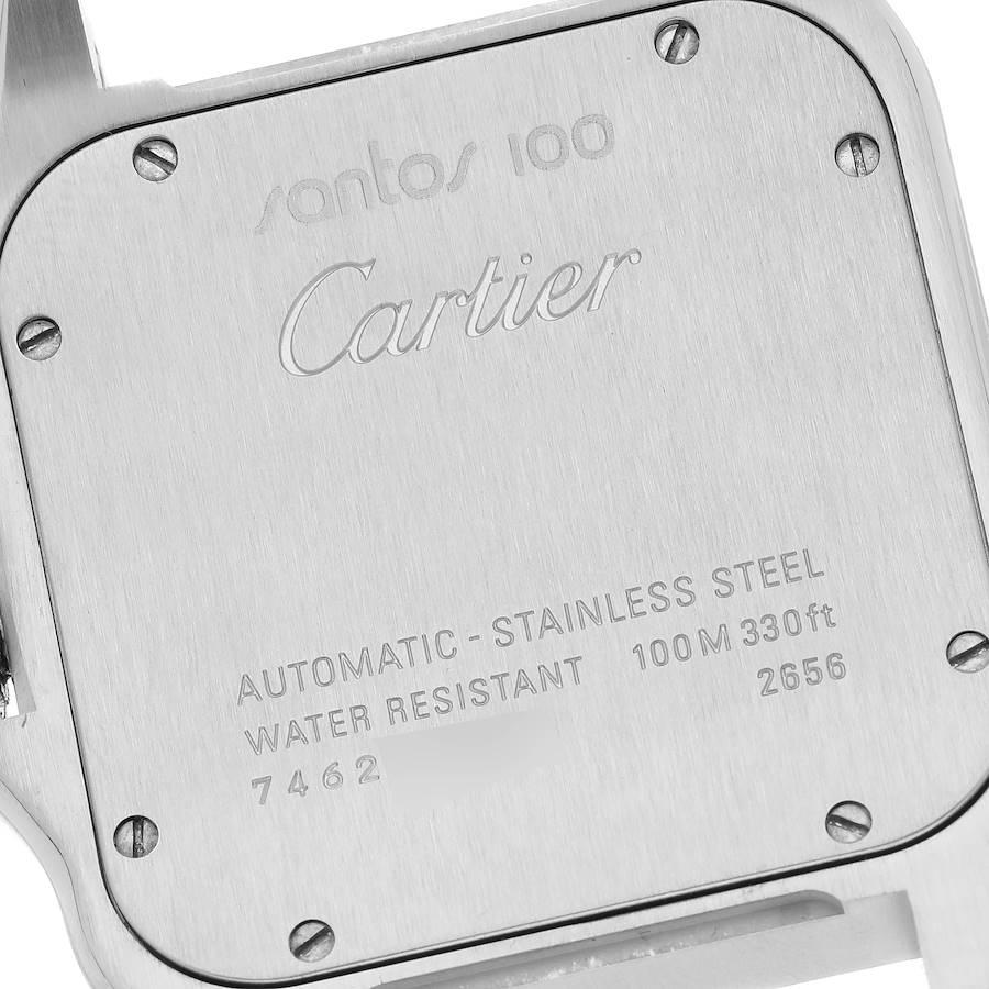 Cartier Santos 100 Silver Dial Black Strap Steel Mens Watch W20073X8 Box Papers In Excellent Condition For Sale In Atlanta, GA