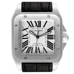 Cartier Santos 100 Esfera plateada Correa negra Acero Reloj caballero W20073X8 Caja Papeles
