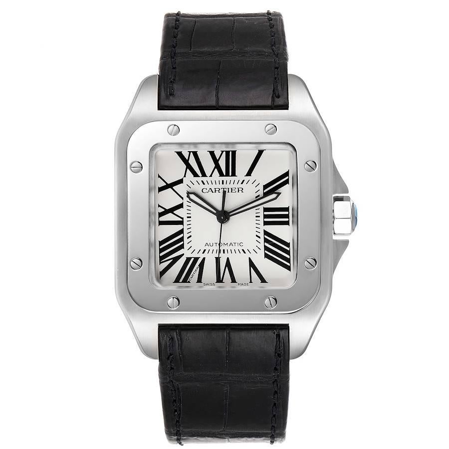 Cartier Santos 100 Silver Dial Black Strap Steel Mens Watch W20073X8. Automatic self-winding movement caliber 049. Stainless steel case 38.0 x 38.0 mm. Protected octagonal crown set with the faceted spinel. Stainless steel bezel punctuated with 8