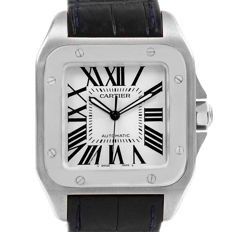 Cartier Santos 100 Silver Dial Black Strap Steel Men’s Watch W20073X8 ...
