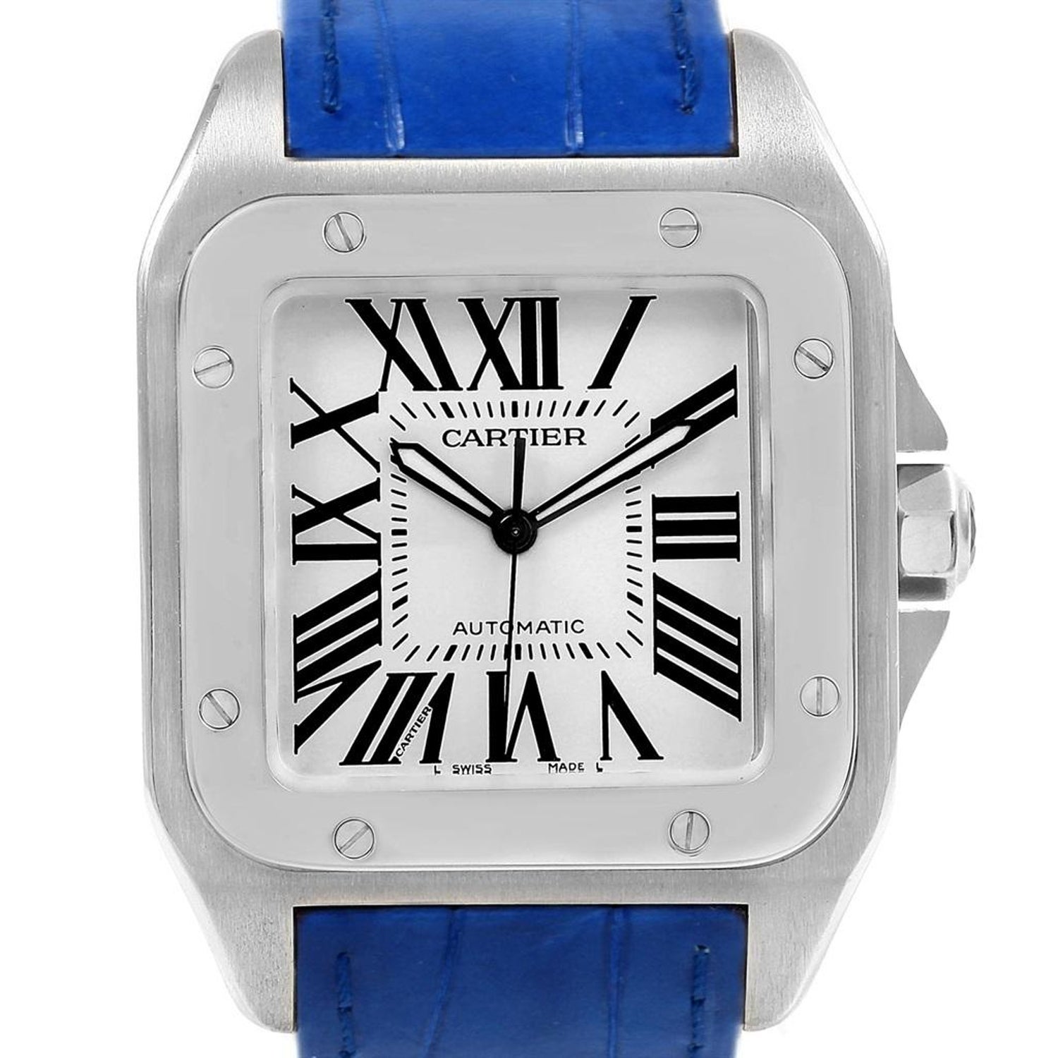 Cartier Santos 100 Silver Dial Blue Strap Steel Men S Watch W20073x8 For Sale At 1stdibs