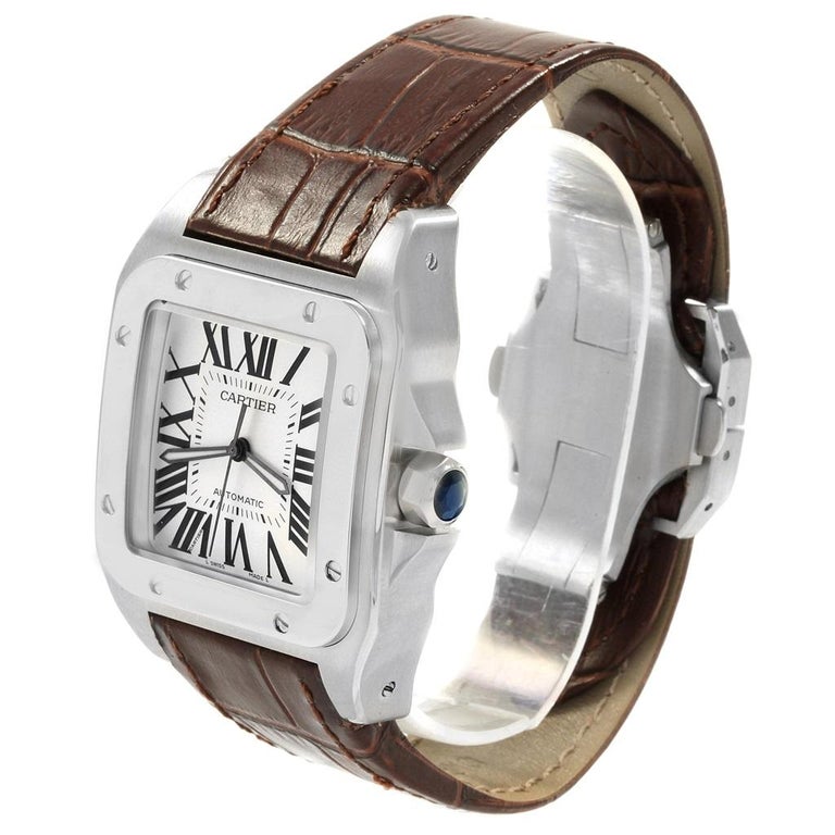 Cartier Santos 100 Silver Dial Brown Strap Steel Men’s Watch W20073X8