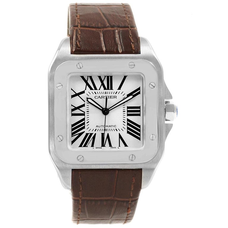 Cartier Santos 100 Silver Dial Brown Strap Steel Men’s Watch W20073X8 ...