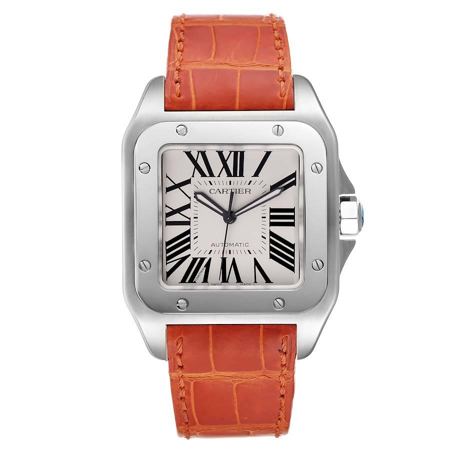 Cartier Santos 100 Silver Dial Orange Strap Steel Mens Watch W20073X8. Automatic self-winding movement caliber 049. Stainless steel case 38.0 x 38.0 mm. Protected octagonal crown set with the faceted spinel. Stainless steel bezel punctuated with 8