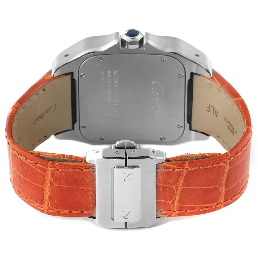 Men's Cartier Santos 100 Silver Dial Orange Strap Steel Mens Watch W20073X8 For Sale
