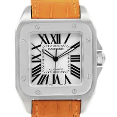 Cartier Santos 100 Silver Dial Orange Strap Steel Men’s Watch W20073X8