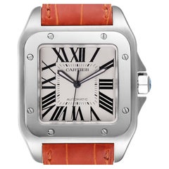 Cartier Santos 100 Silver Dial Orange Strap Steel Mens Watch W20073X8