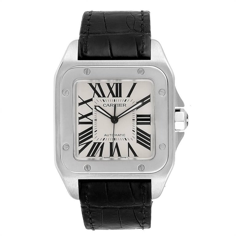 Cartier Santos 100 Silver Dial Steel Black Strap Men’s Watch W20073X8 ...