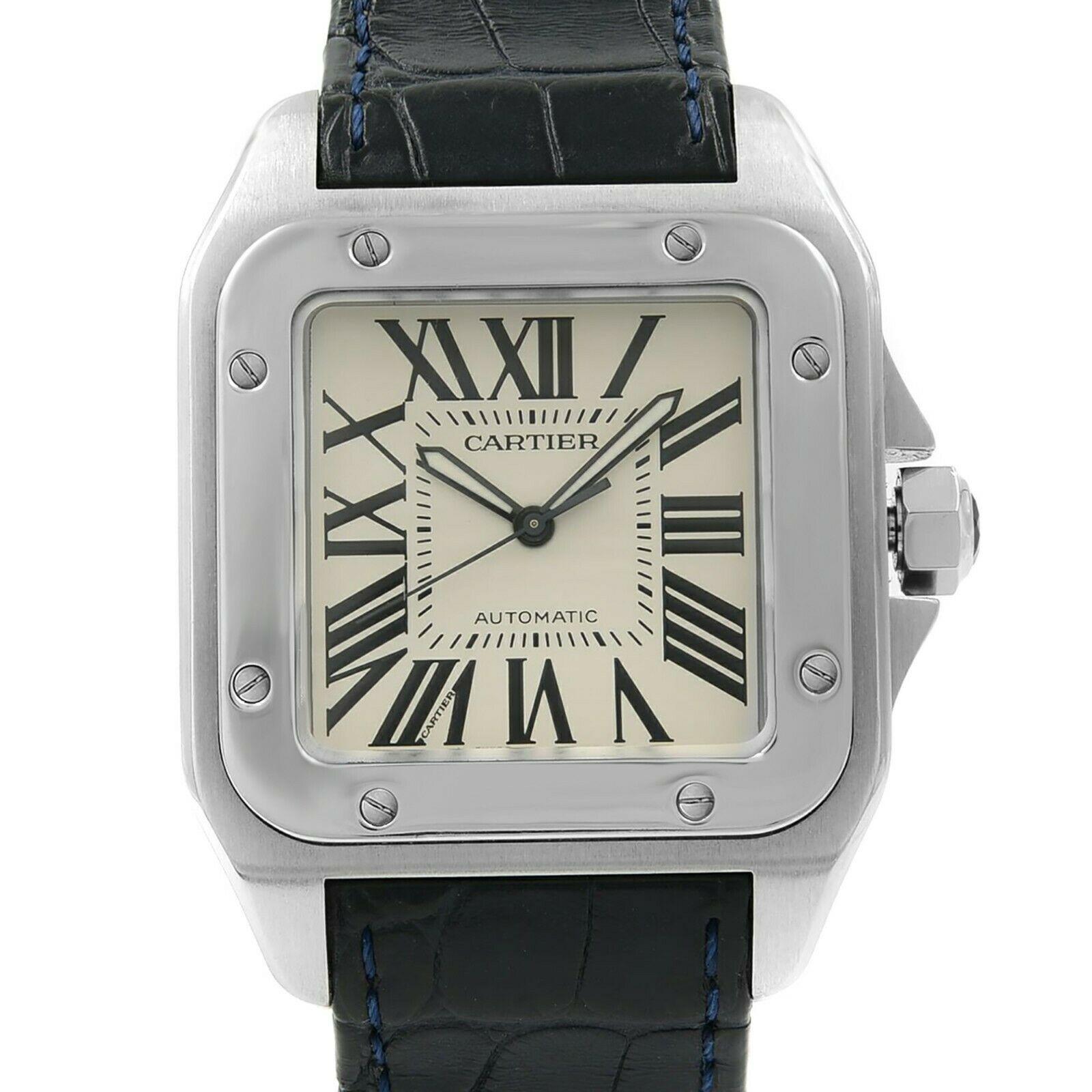 his pre-owned Cartier Santos W20073X8 is a beautiful men's timepiece that is powered by an automatic movement which is cased in a stainless steel case. It has a square shape face, no features dial and has hand roman numerals style markers. It is