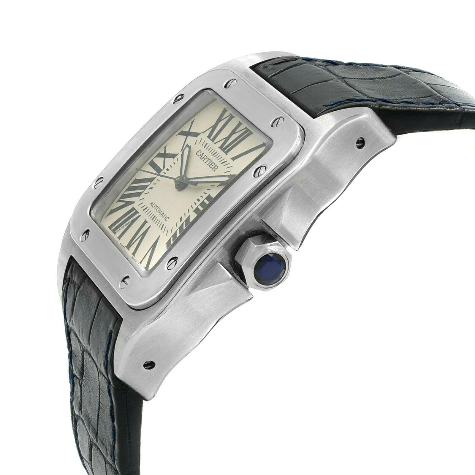 Cartier Santos 100 Silver Roman Dial Steel Automatic Large Men’s Watch W20073X8 In Excellent Condition In New York, NY
