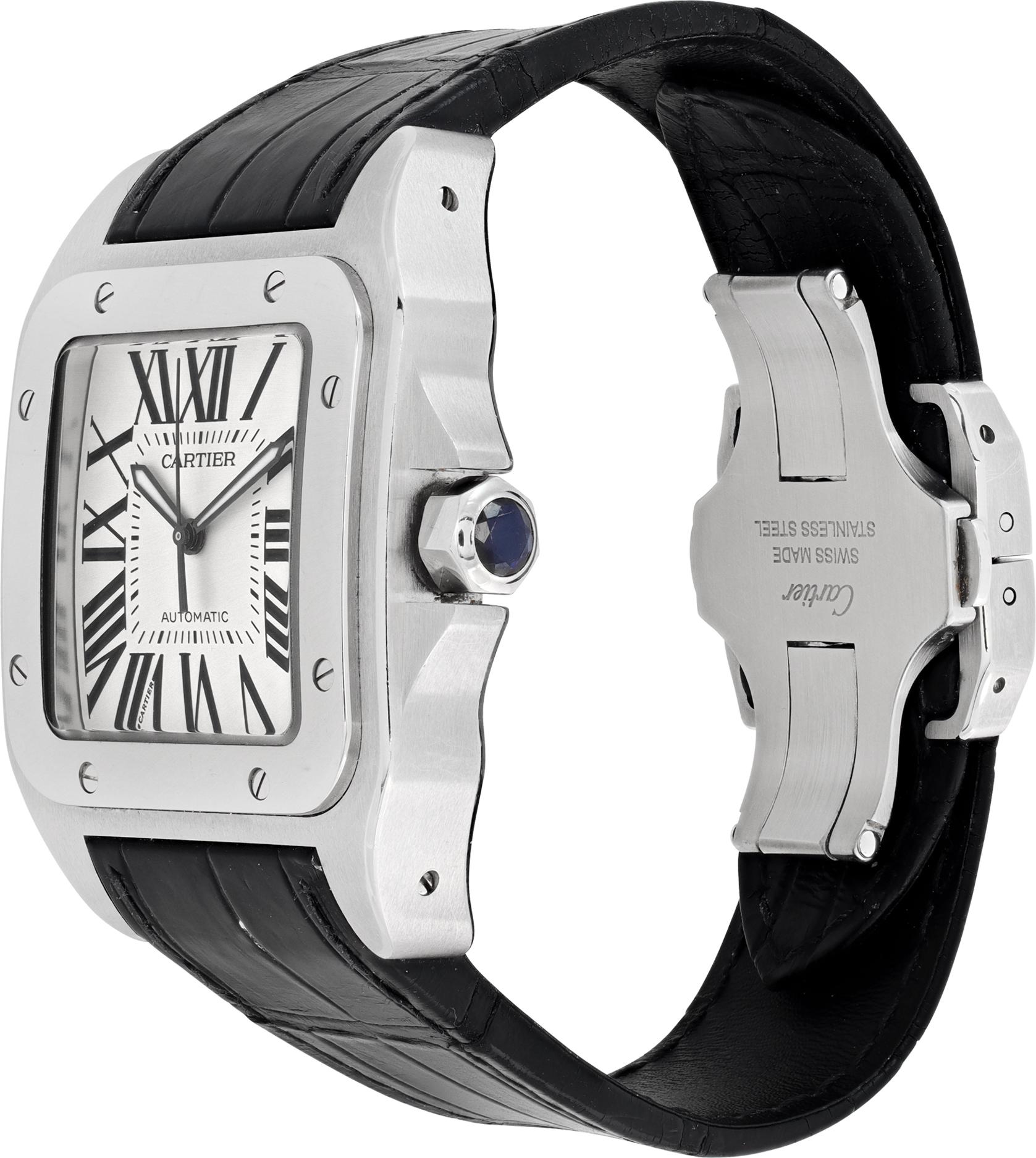 Cartier Santos 100 en acier inoxydable sur bracelet en alligator noir. Auto avec secondes à balayage. Boîtier de 38 mm. Avec boîte et documents. Ref W20073X8. Vers 2017. Belle montre Cartier d'occasion.

 La montre d'occasion certifiée Sport Cartier