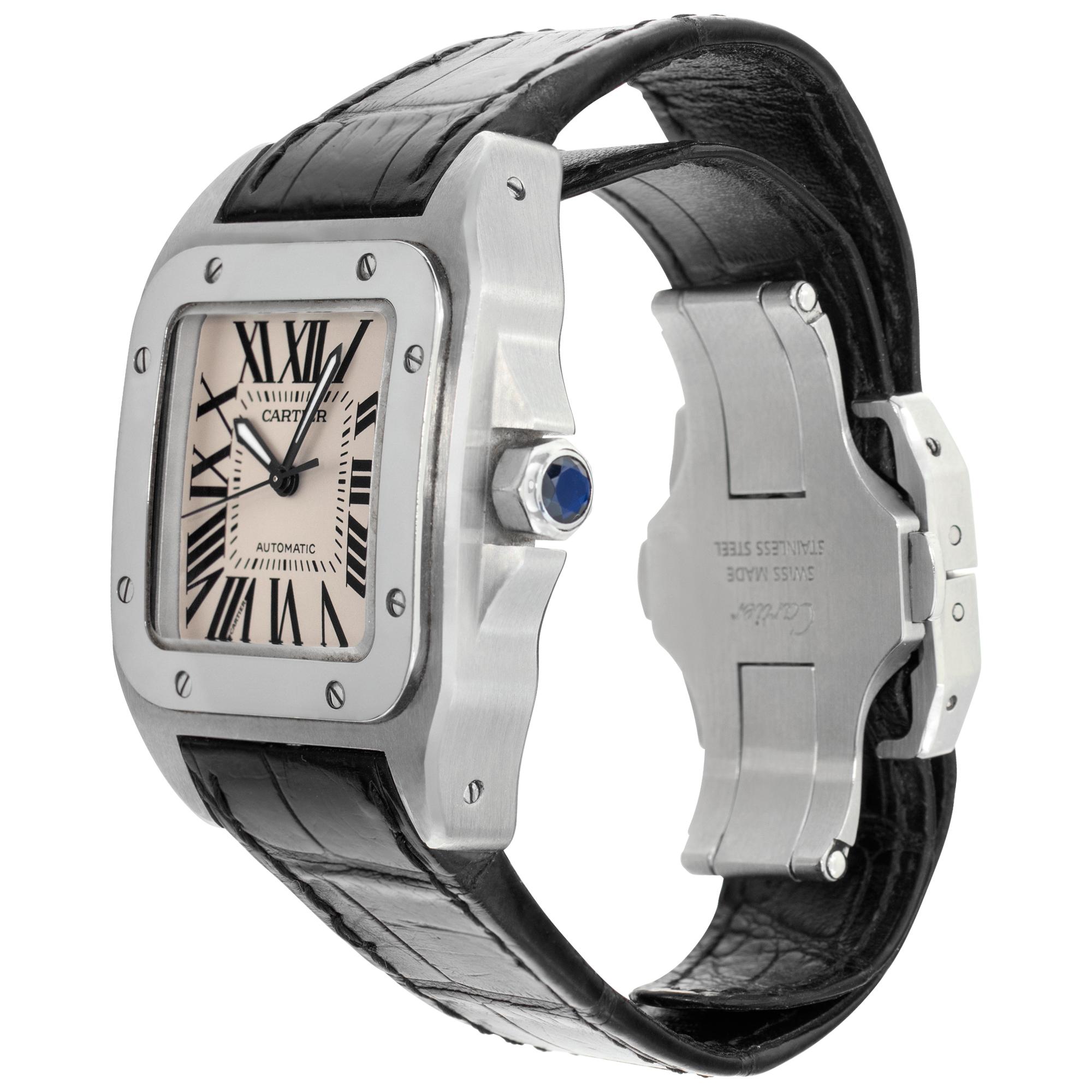 Cartier Santos 100 in stainless steel on black leather strap with deployant buckle. Auto w/ sweep seconds. 33 mm case size. Ref w20106x8. Fine Pre-owned Cartier Watch.

 Certified preowned Classic Cartier Santos 100 w20106x8 watch is made out of