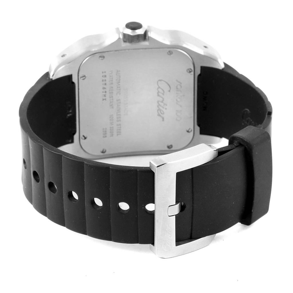 Cartier Santos 100 Stainless Steel Black Rubber Watch W20121U2. Automatic self-winding movement. Three body brushed stainless steel case 38 mm. Protected octagonal crown set with the black rubber. Black rubber bezel punctuated with 8 signature