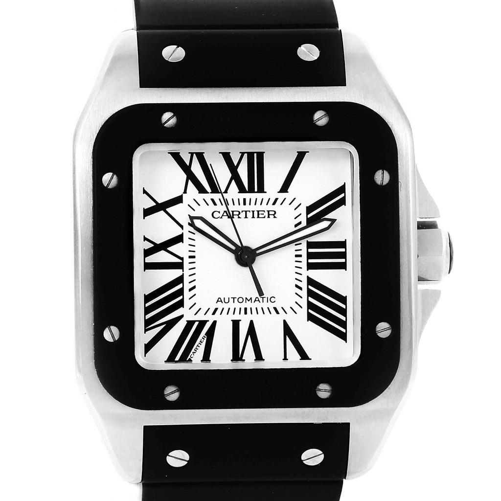 Cartier Santos 100 Stainless Steel Black Rubber Watch W20121U2 In Excellent Condition In Atlanta, GA