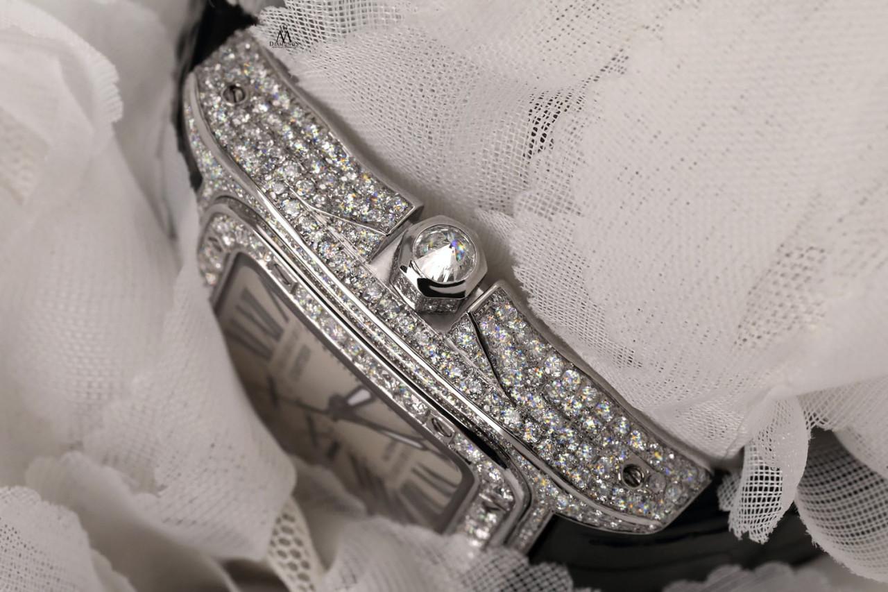 Cartier Santos 100 Edelstahl Iced Out Uhr W20073X8.

Diese Uhr ist in neuwertigem Zustand. Es wurde poliert, gewartet und hat keine sichtbaren Kratzer oder Flecken. Alle unsere Uhren werden mit einer Standardgarantie von 1 Jahr auf die Mechanik und