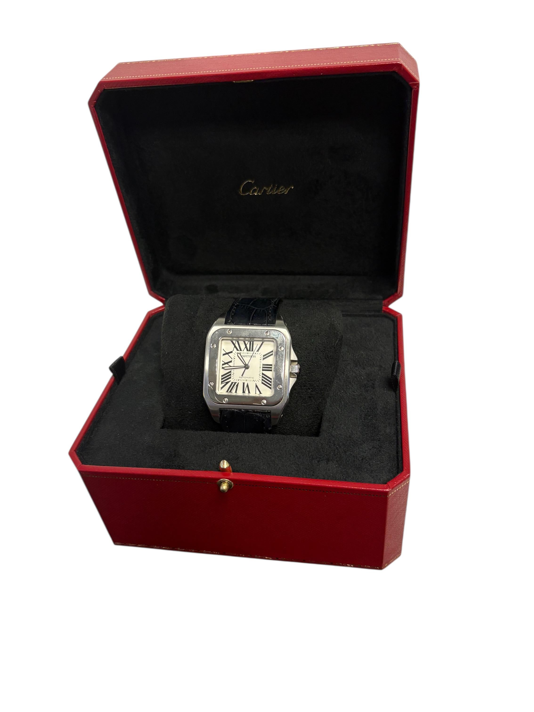 Cartier Santos 100 Edelstahl Lederarmband W20073X8 Uhr im Angebot 5