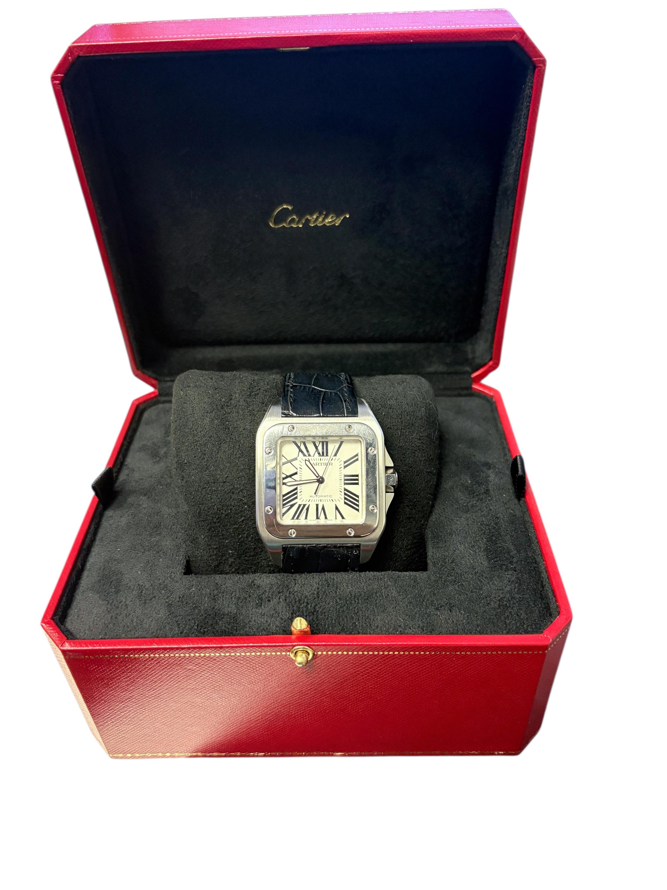 Cartier Santos 100 Edelstahl Lederarmband W20073X8 Uhr im Angebot 6