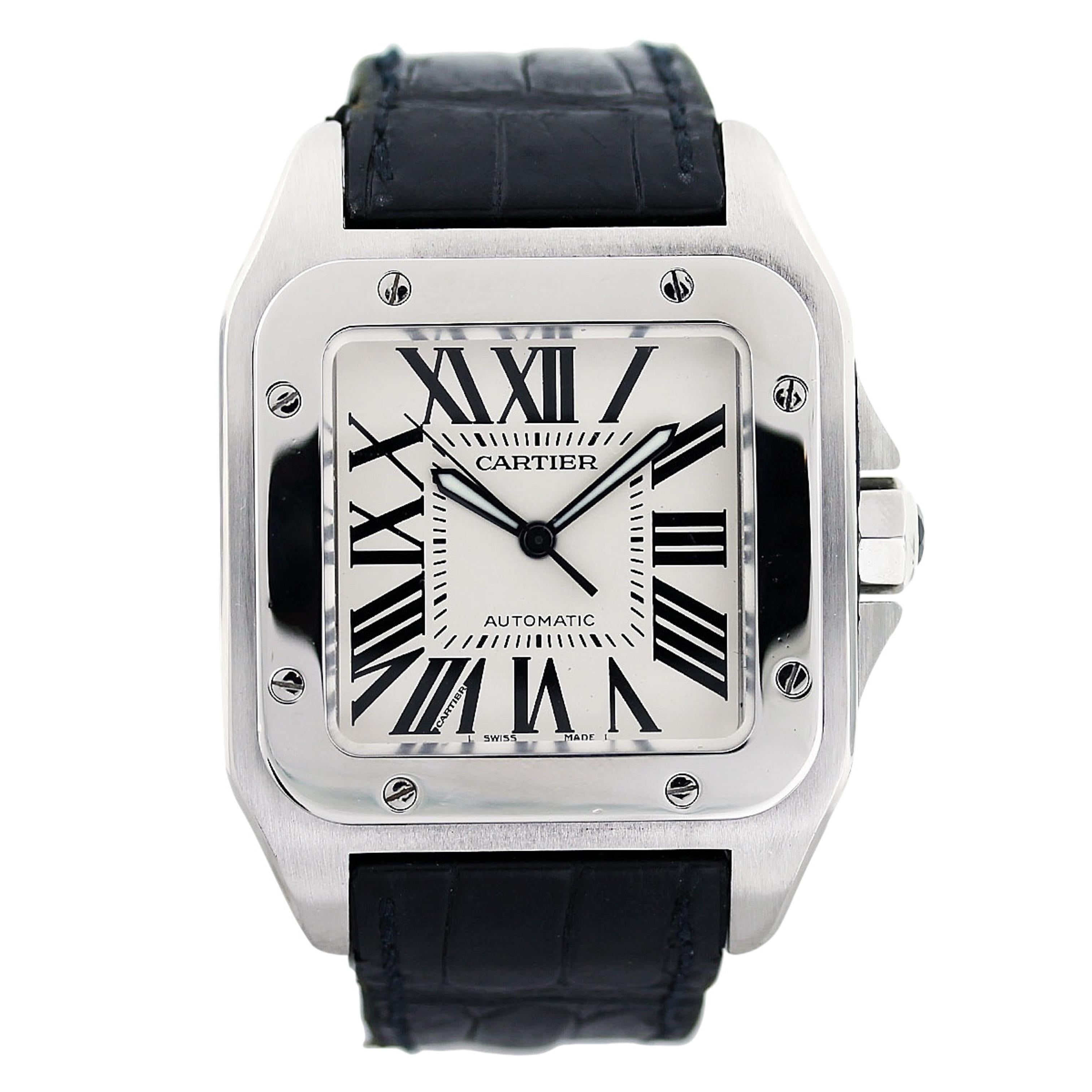 Cartier Santos 100 Edelstahl Lederarmband W20073X8 Uhr (Moderne) im Angebot
