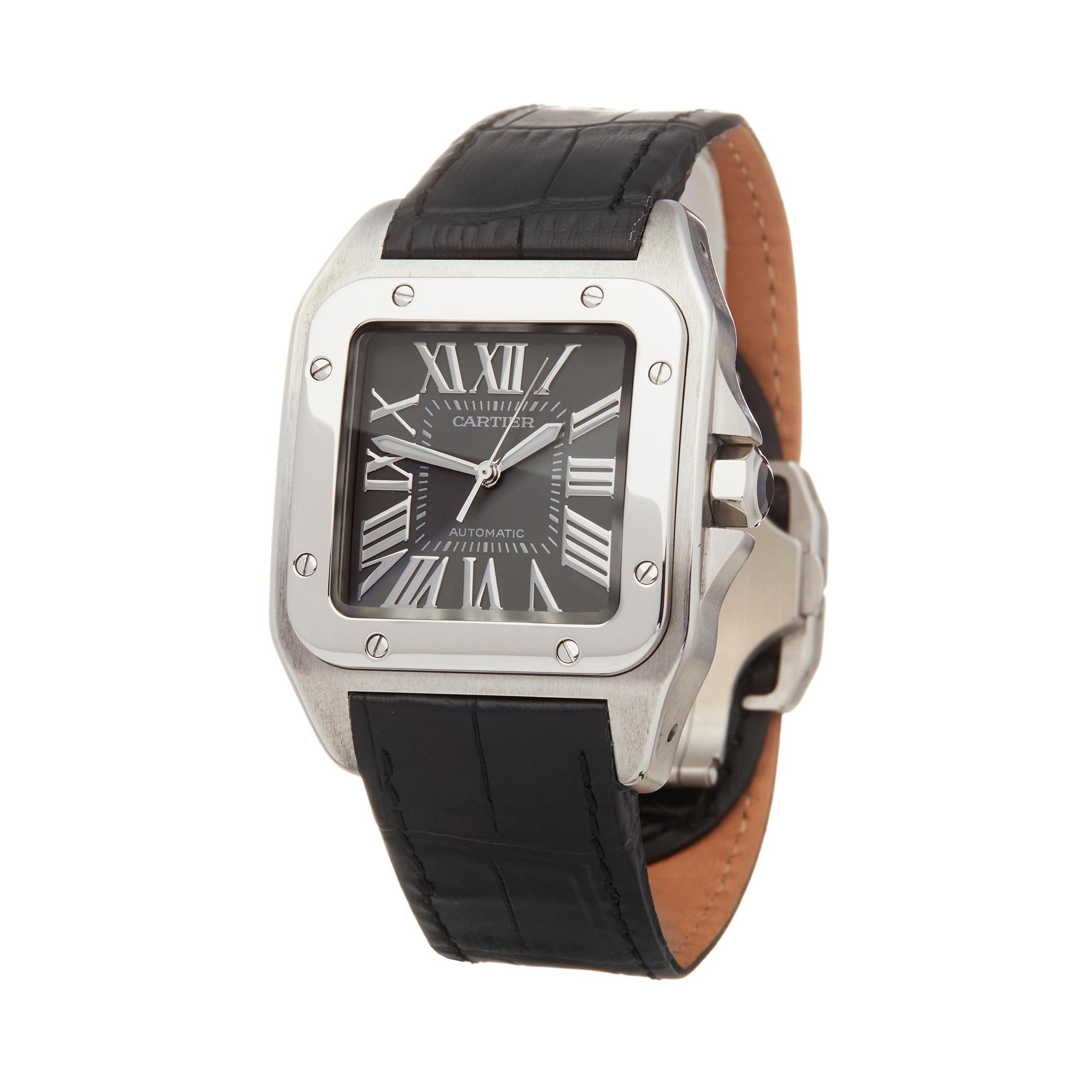 Reference: W5808
Manufacturer: Cartier
Model: Santos 100
Model Reference: W20134X8
Age: 28th July 2009
Gender: Men's
Box and Papers: Box Manuals and Guarantee
Dial: Grey Roman
Glass :Sapphire Crystal
Movement: Automatic
Water Resistance: To
