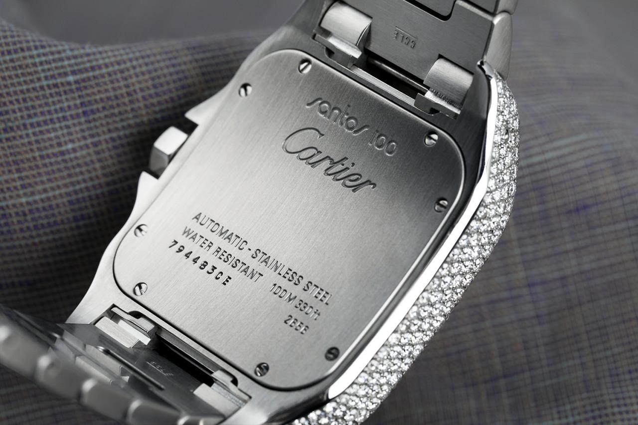 Round Cut Cartier Santos 100 Stainless Steel Watch Customized Genuine Diamonds W20073x8 For Sale