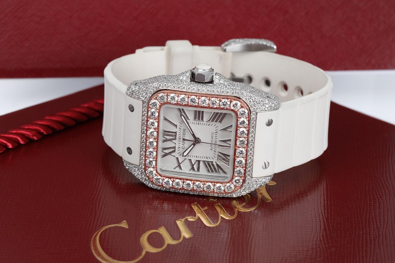 Cartier Santos 100 Staniless Steel 33mm Diamond Watch White Rubber Strap Rose Gold Bezel #2878

This watch comes with a LIFETIME diamond replacement warranty. We are so confident in our diamonds setters that if any of the individual diamonds are