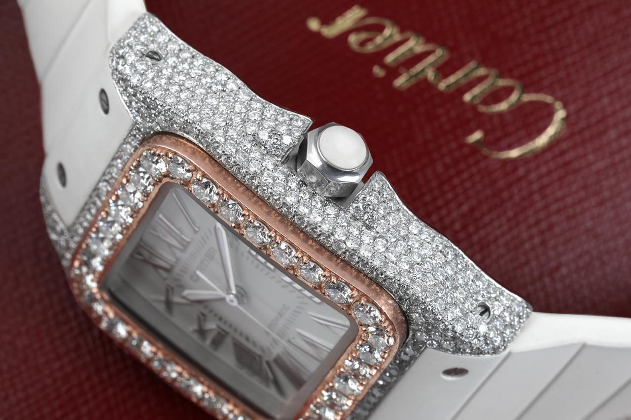 Cartier Santos 100 Edelstahl- und weiße Gummiuhr aus Roségold mit Diamant-Lünette (Rundschliff) im Angebot