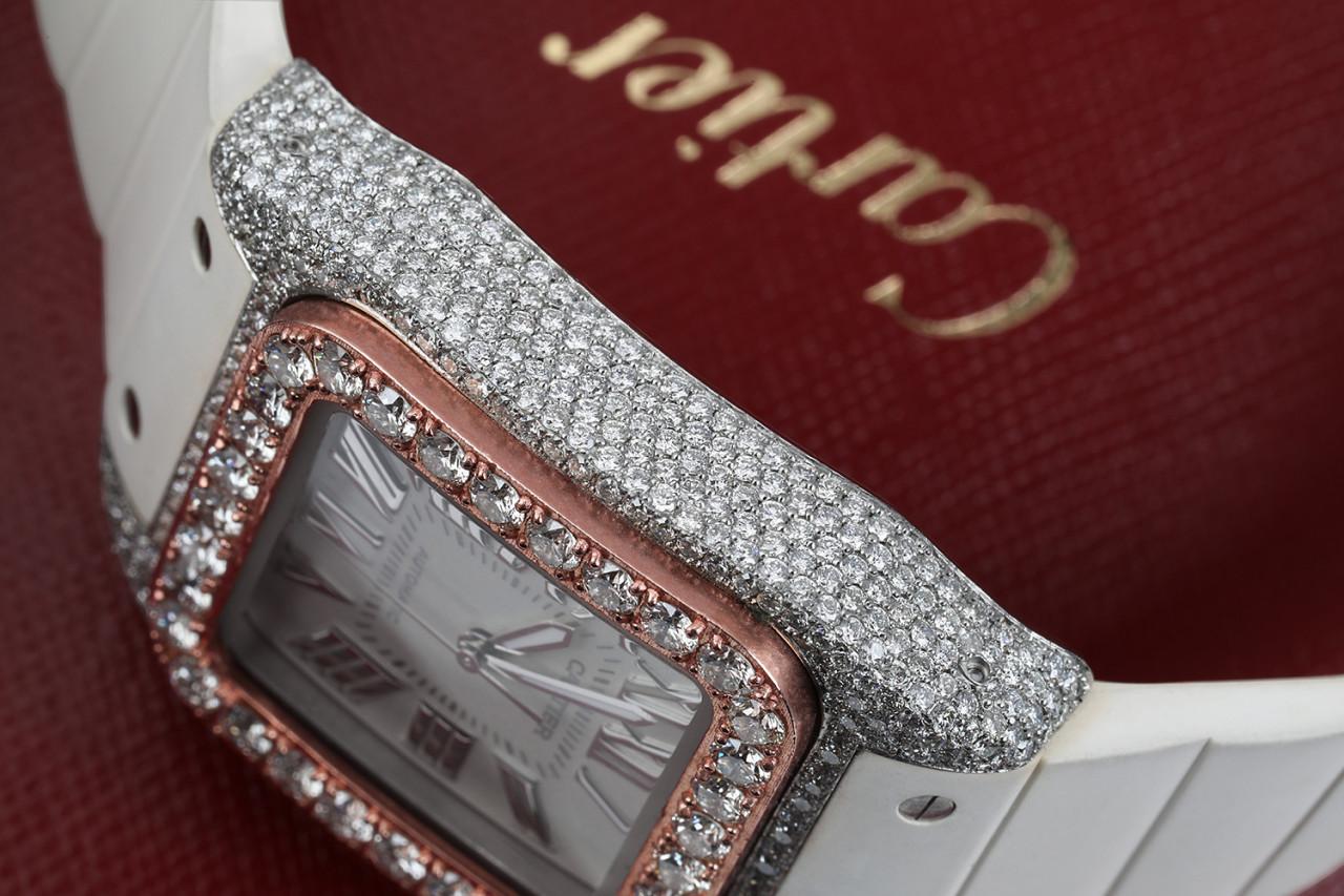 Cartier Santos 100 Edelstahl- und weiße Gummiuhr aus Roségold mit Diamant-Lünette im Zustand „Hervorragend“ im Angebot in New York, NY