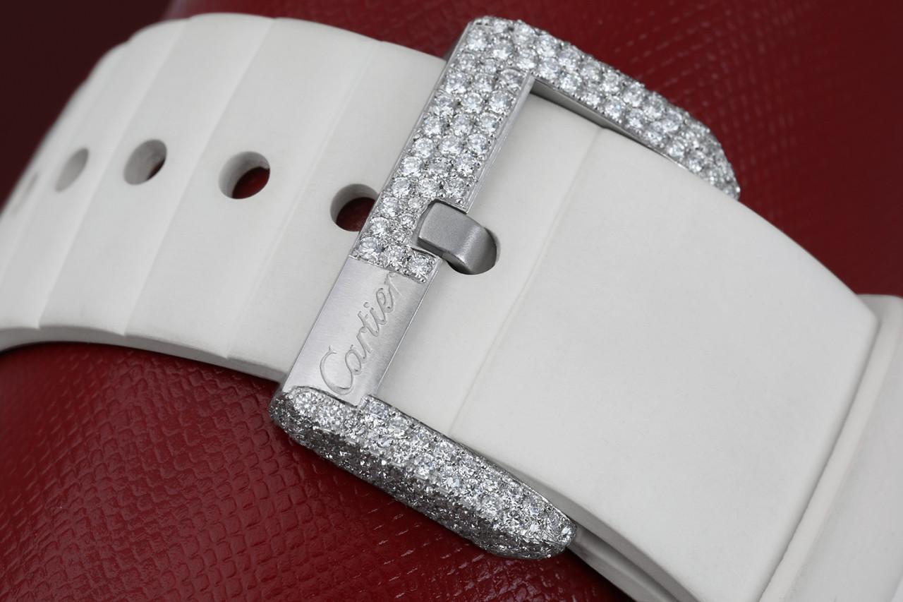 Taille ronde Montre Cartier Santos 100 en acier inoxydable et caoutchouc blanc avec lunette en or rose et diamants en vente