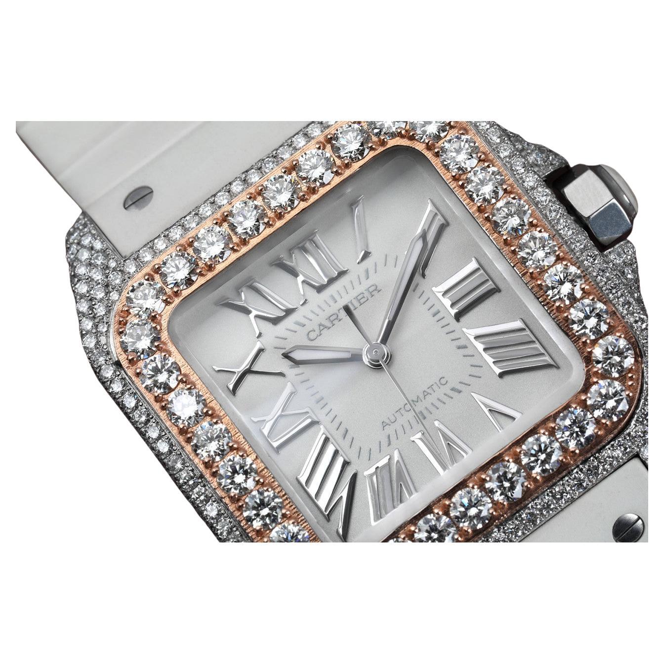 Cartier Santos 100 Stainless Steel & White Rubber Watch Rose Gold Diamond Bezel For Sale