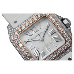 Used Cartier Santos 100 Stainless Steel & White Rubber Watch Rose Gold Diamond Bezel