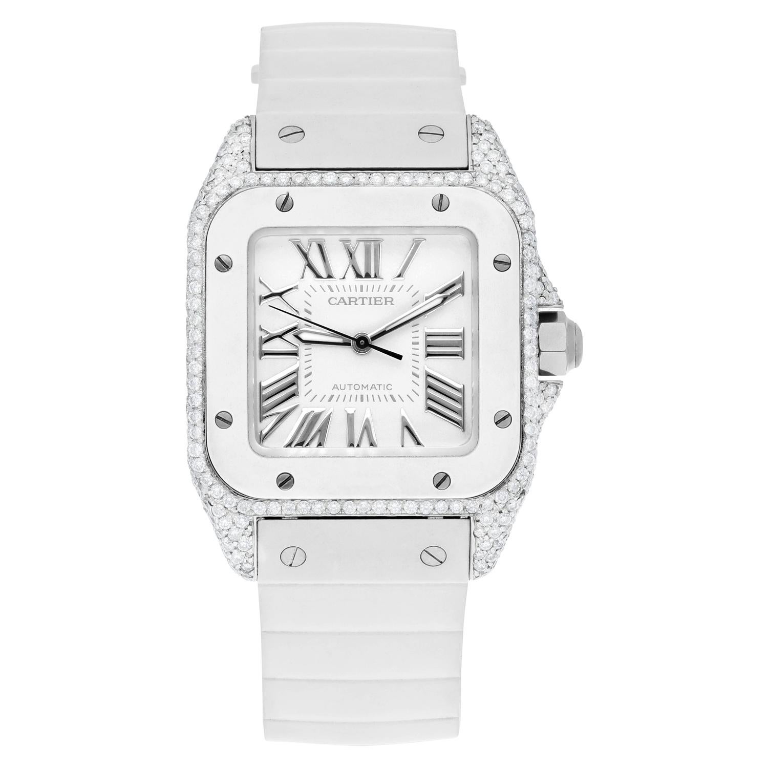 Cartier Santos 100 Edelstahl 33mm Diamantuhr mit weißem Gummiriemen #2878 im Zustand „Hervorragend“ im Angebot in New York, NY