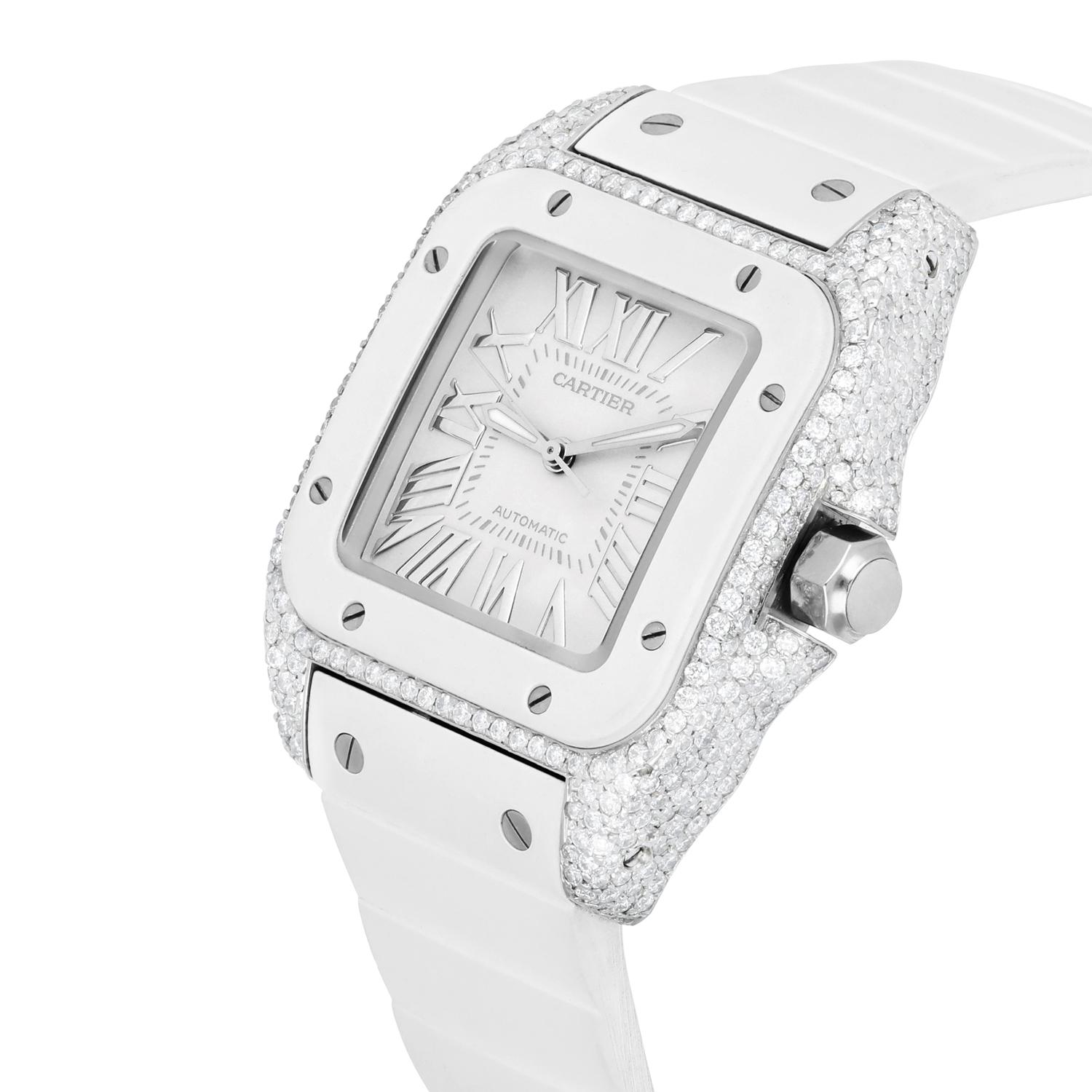Cartier Santos 100 Staniless Steel 33mm Diamond Watch White Rubber Strap #2878 In Excellent Condition For Sale In New York, NY