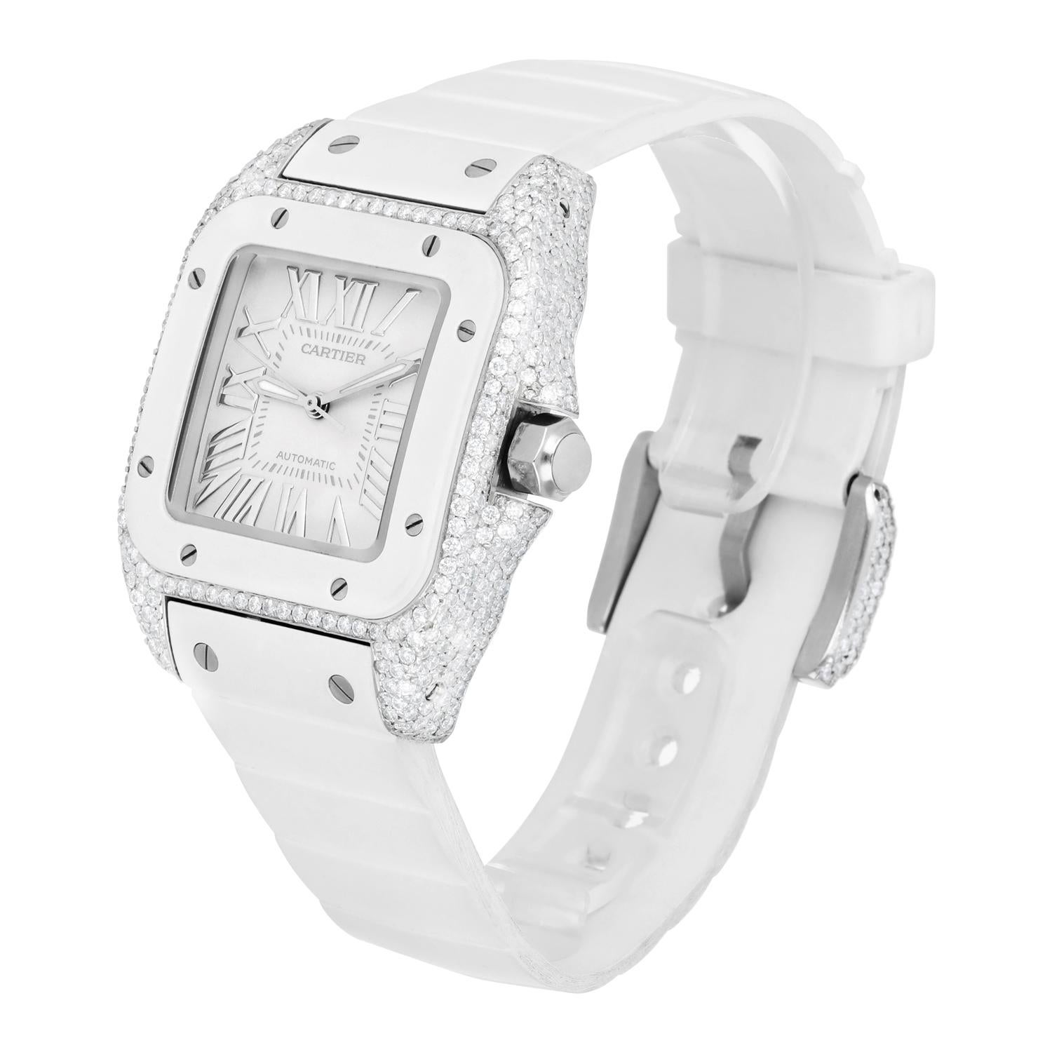 Women's Cartier Santos 100 Staniless Steel 33mm Diamond Watch White Rubber Strap #2878 For Sale