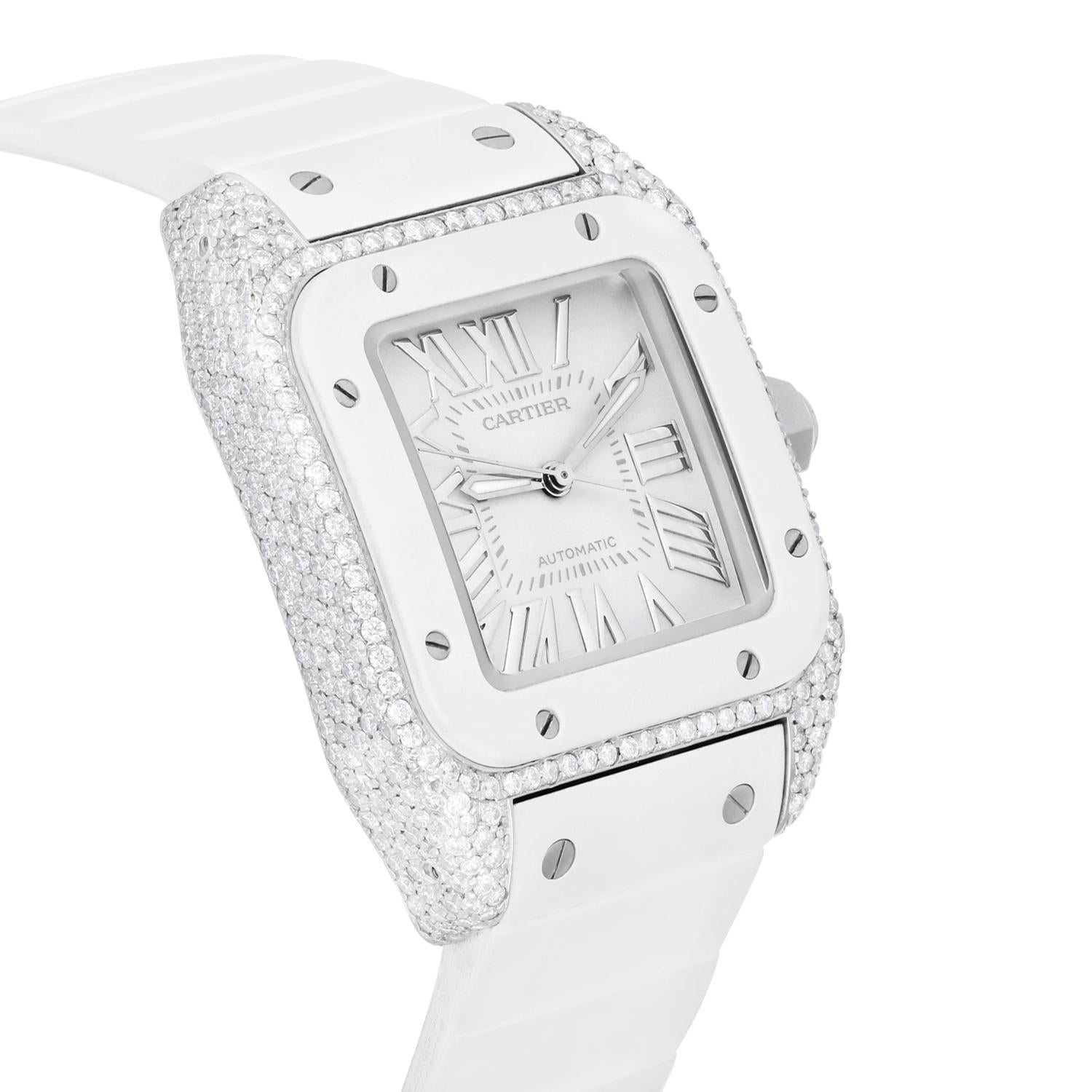 Cartier Santos 100 Edelstahl 33mm Diamantuhr mit weißem Gummiriemen #2878 im Angebot 2