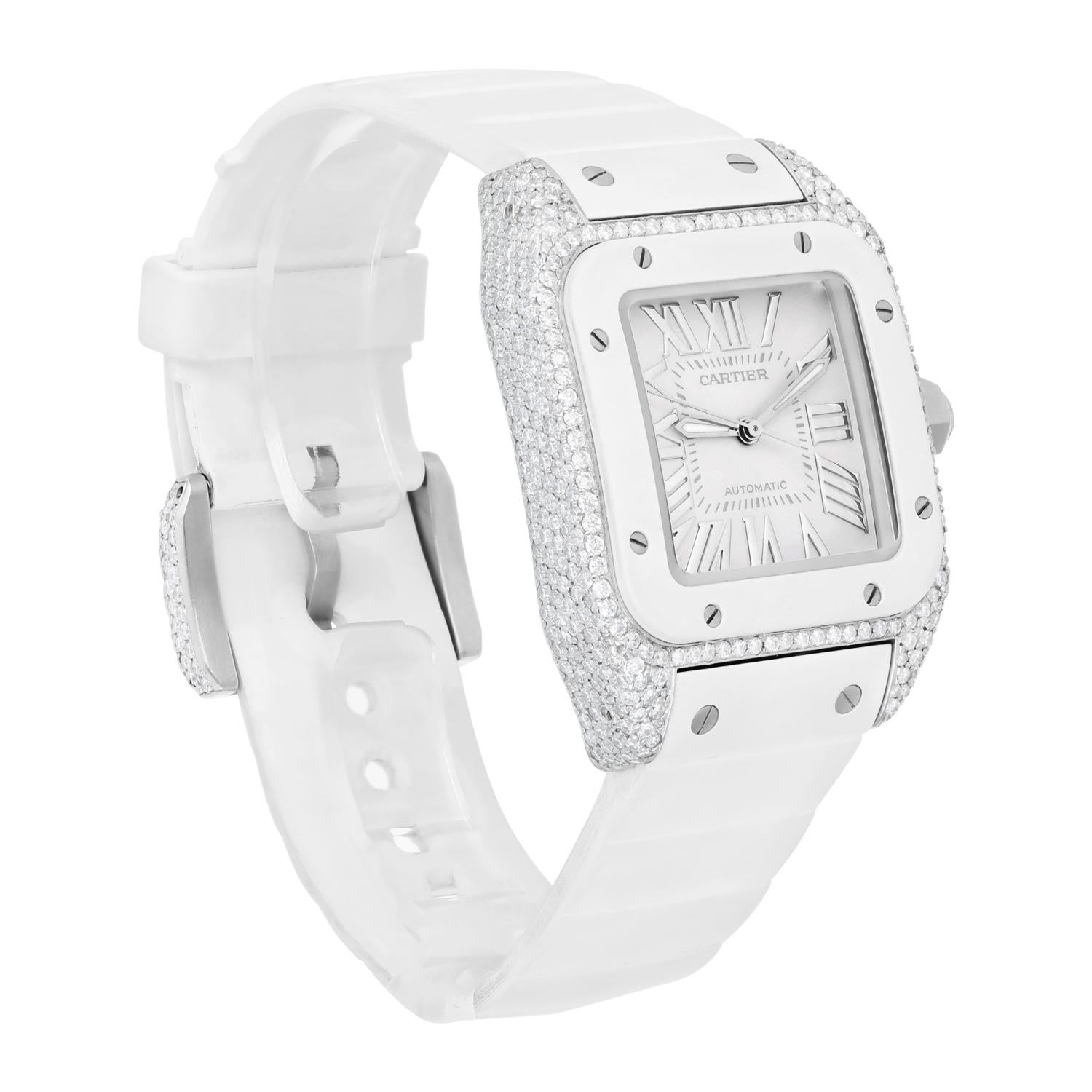 Cartier Santos 100 Montre en acier inoxydable 33 mm avec bracelet en caoutchouc blanc #2878 Pour femmes en vente