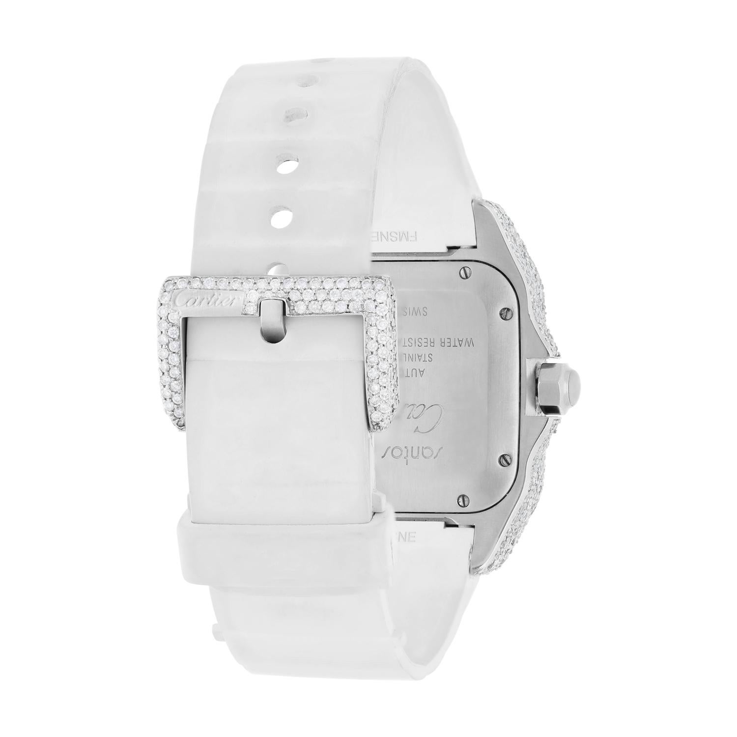 Cartier Santos 100 Staniless Steel 33mm Diamond Watch White Rubber Strap #2878 For Sale 3