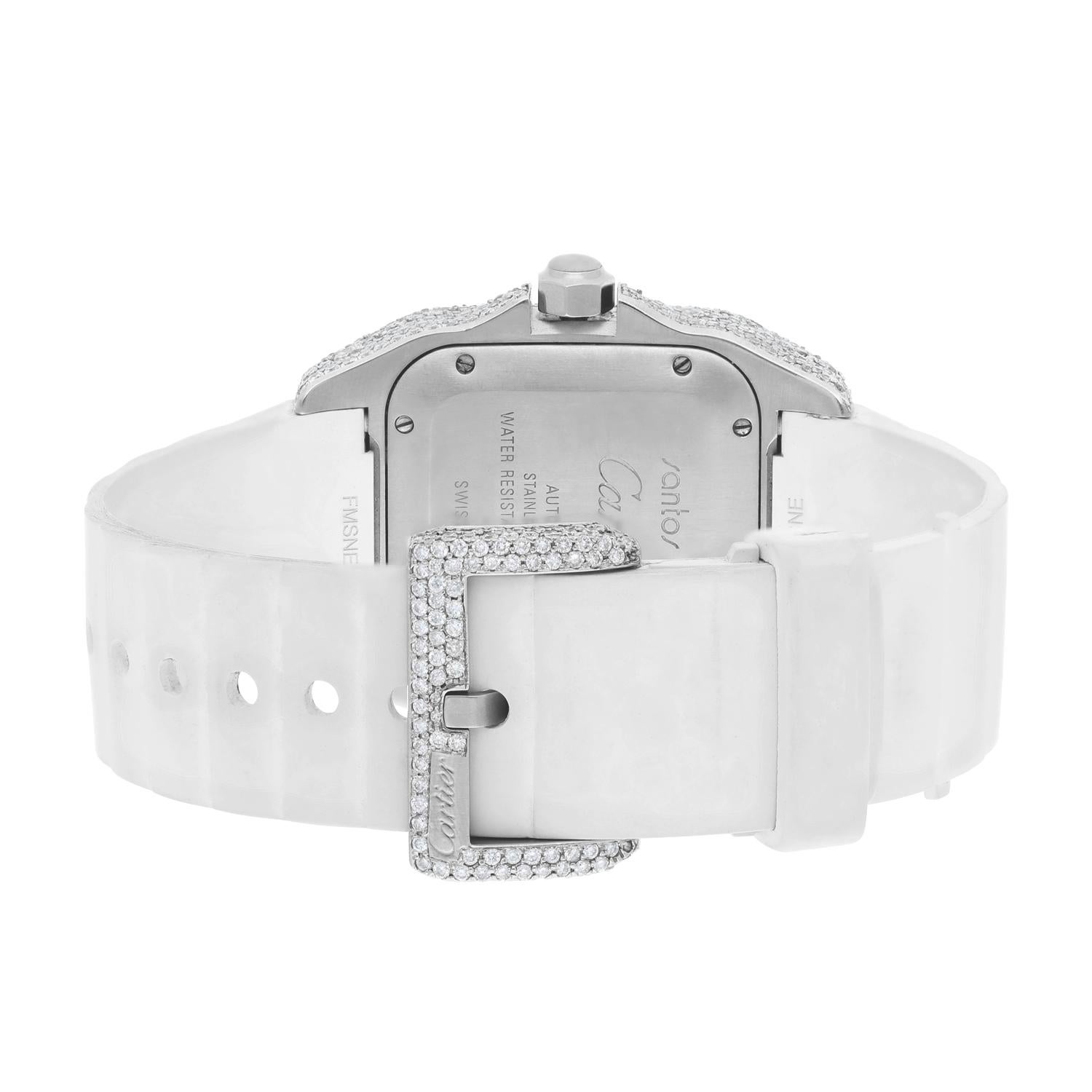 Cartier Santos 100 Edelstahl 33mm Diamantuhr mit weißem Gummiriemen #2878 im Angebot 5