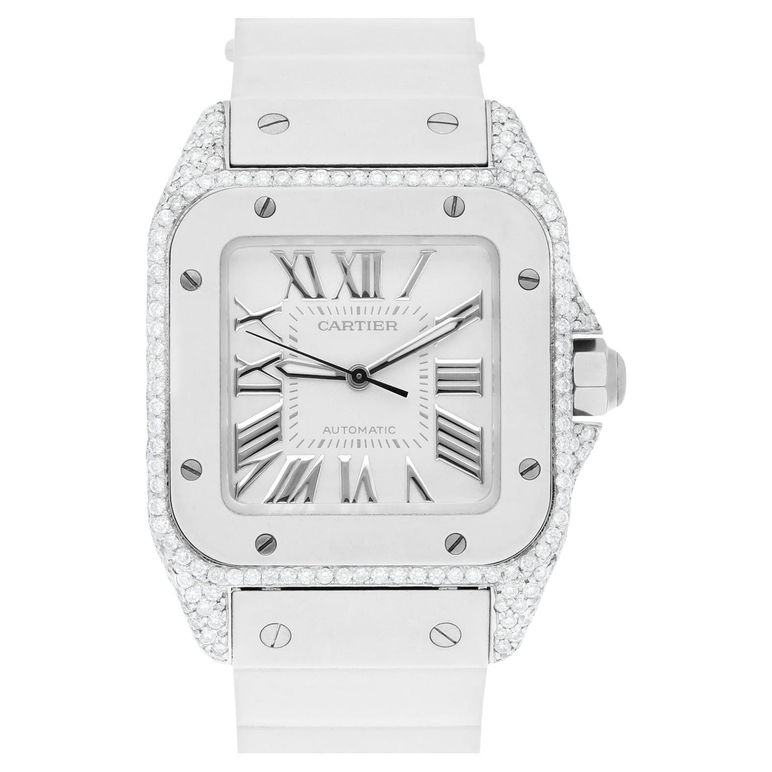 Cartier Santos 100 Staniless Steel 33mm Diamond Watch White Rubber Strap #2878 For Sale