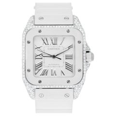 Cartier Santos 100 Staniless Steel 33mm Diamond Watch White Rubber Strap #2878