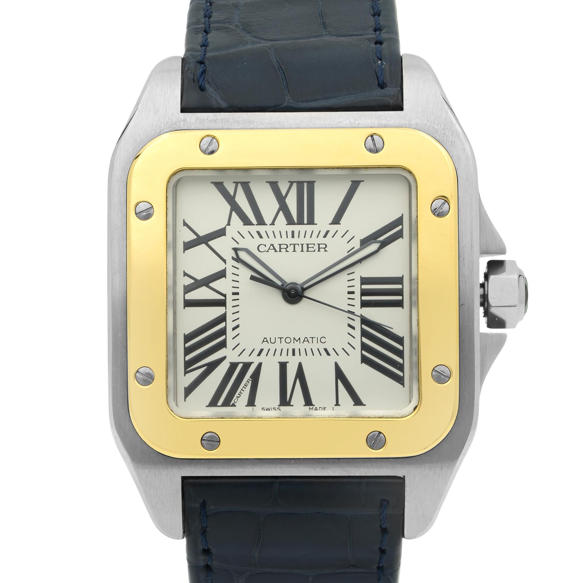 This pre-owned Cartier Santos 100 W20072X7 is a beautiful men's timepiece that is powered by mechanical (automatic) movement which is cased in a stainless steel case. It has a square shape face,  dial and has hand roman numerals style markers. It is
