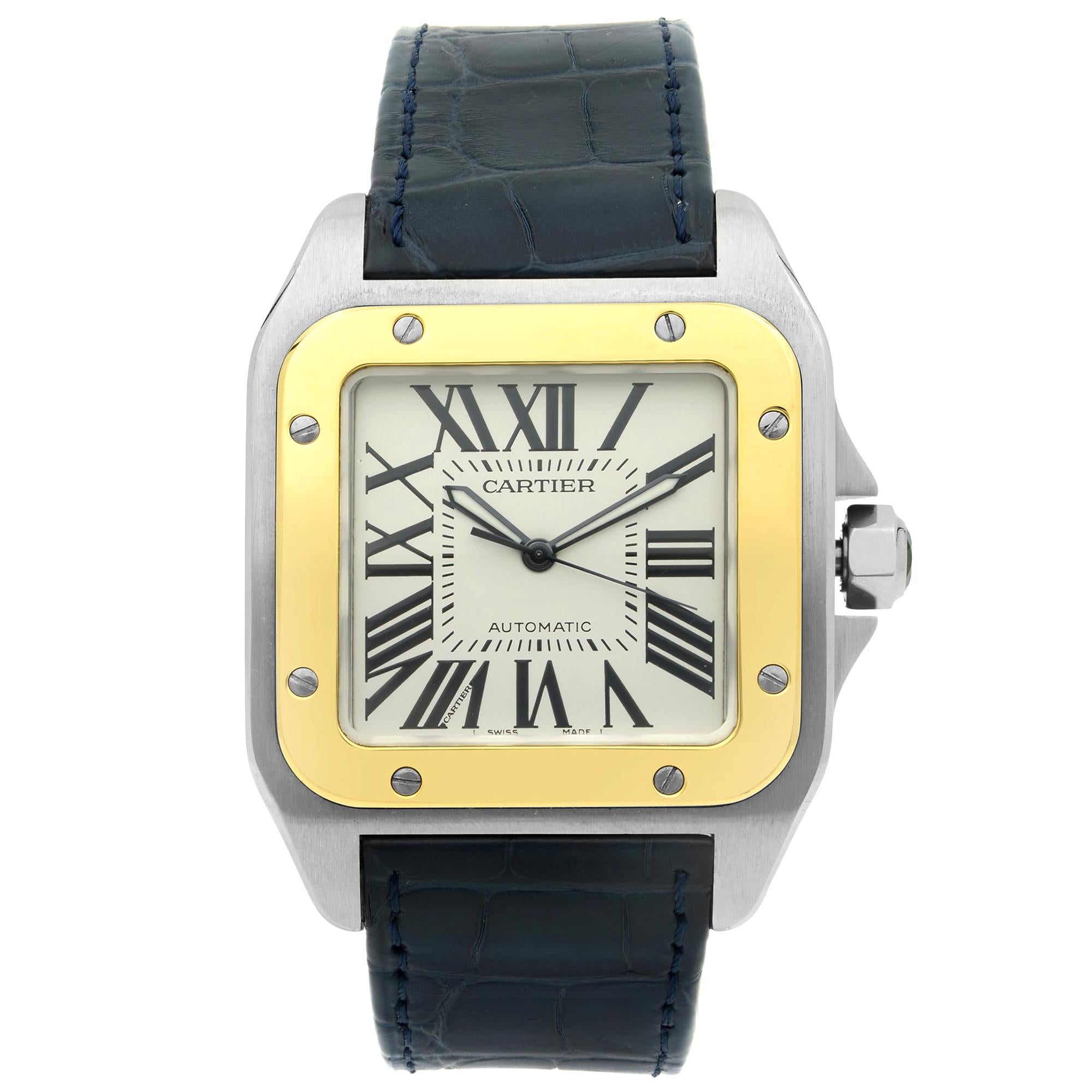 Cartier Santos 100 Steel 18K Yellow Gold Silver Automatic Men's Watch W20107X7