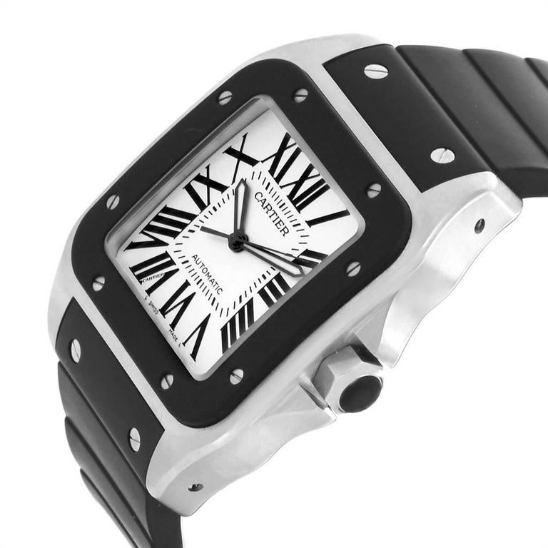 Cartier Santos 100 Steel Black Rubber Men S Watch W20121u2 Box Papers For Sale At 1stdibs